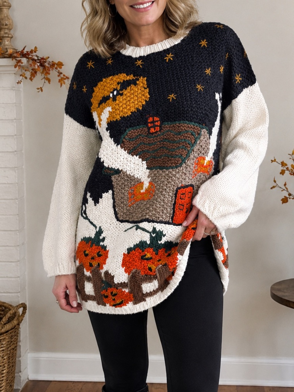 Vintage Casual Corner Hand Knit Pumpkin Halloween Ghosts Teacher Sweater Sz S - Picture 2 of 11